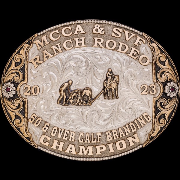 The oval Bartlesville Custom Belt Buckle has our Finest German Silver base, with a Rope Edge and beautiful matted lettering! Customize this buckle design for your rodeo event!